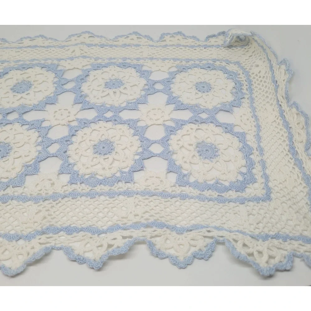 Vintage Set of 3 Crocheted Table Runner Placemat Potholder Blue White